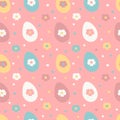 cute vector seamless pattern on Easter theme with hand drawn colored eggs on a pink background.